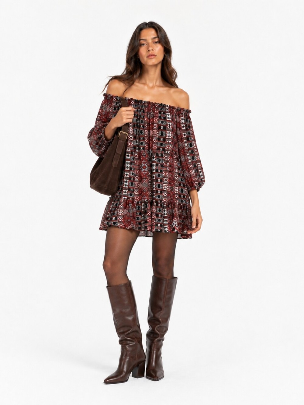 BB Dakota Burgundy Aztec Print Off-Shoulder Dress – Size Small EUC